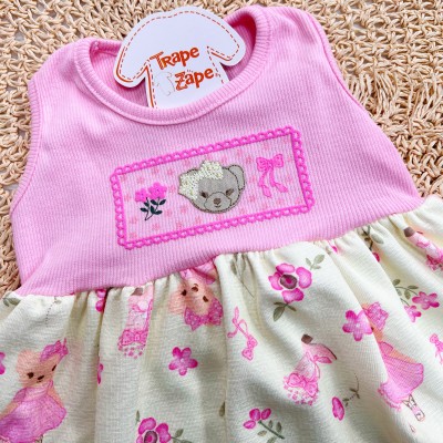 Vestido Ribana Ursinhas - Rosa e Creme